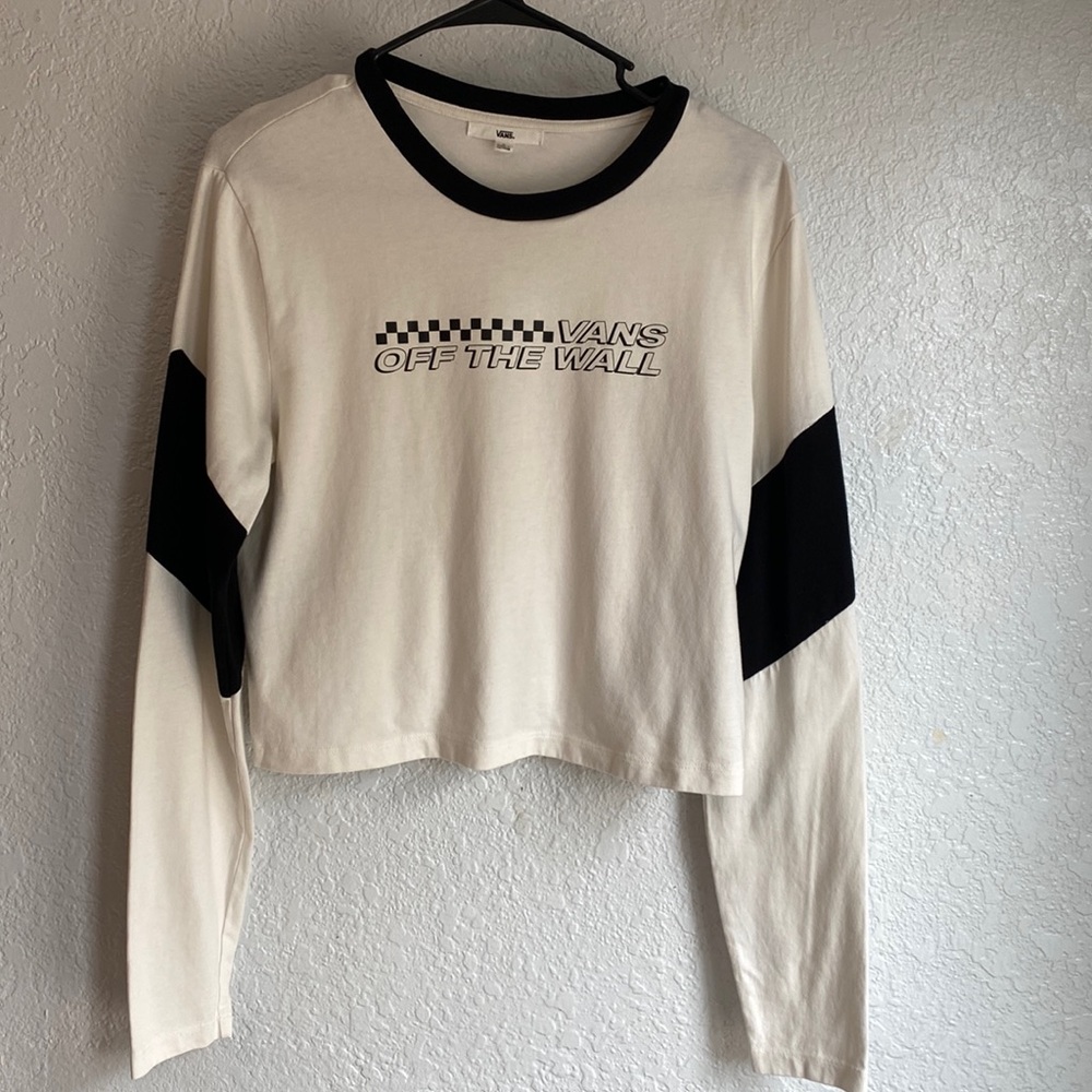 Vans Off The Wall Cropped Long Sleeve Black & White Tee Shirt Top Women’s Size S